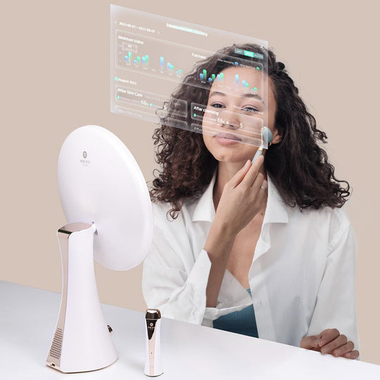 Woman testing skin with a smart makup mirror and bluetooth sensor